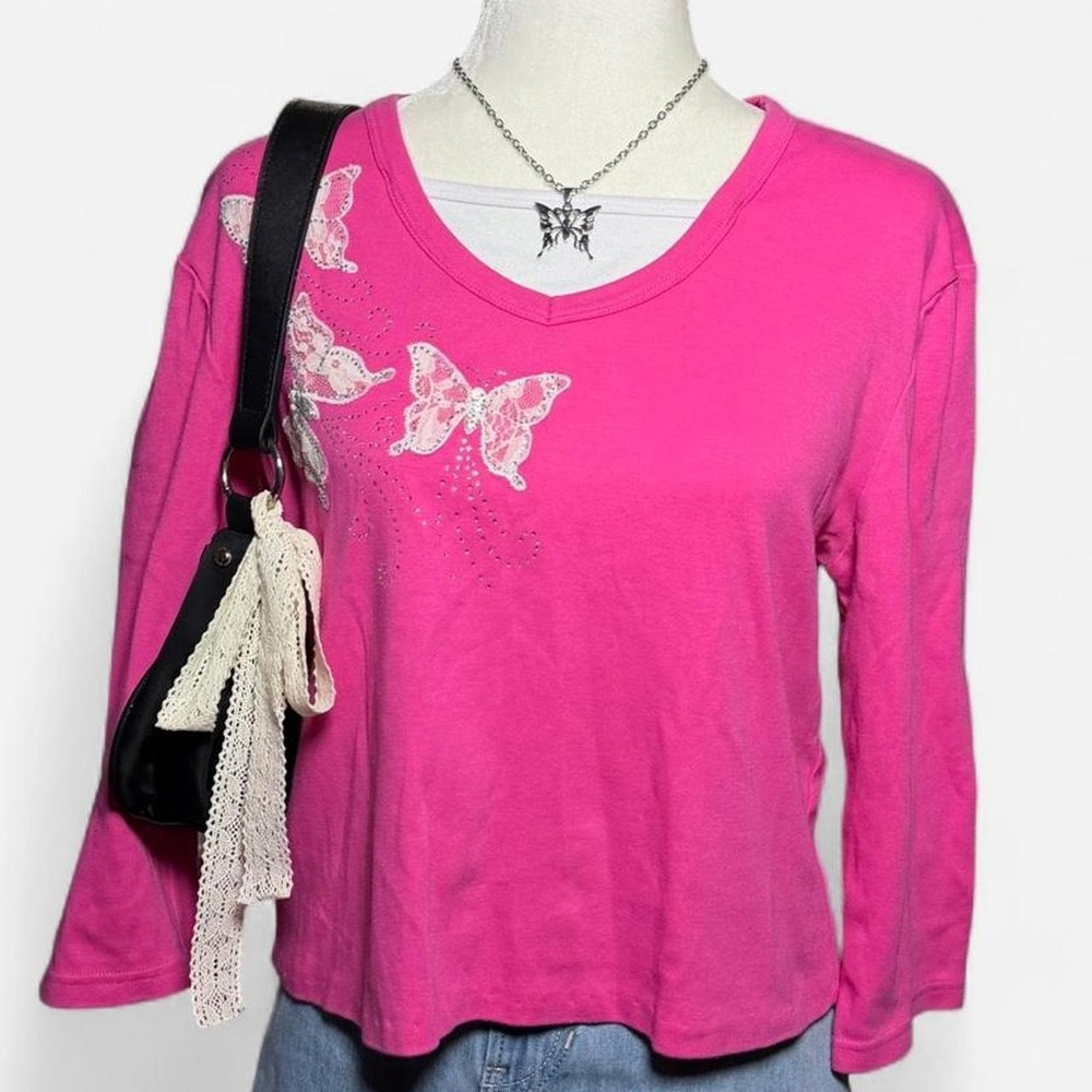 Trilogy by Morning Sun Pink Lace Butterfly Rhinestone Layered Top Y2K Medium
